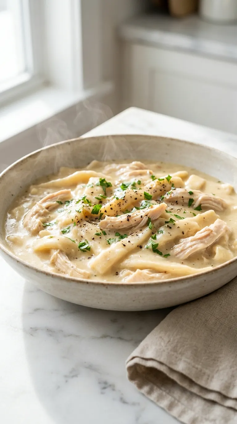 Authentic Southern Chicken Dumplings Recipe in a ceramic bowl with thick gravy, shredded chicken, and fresh parsley.
