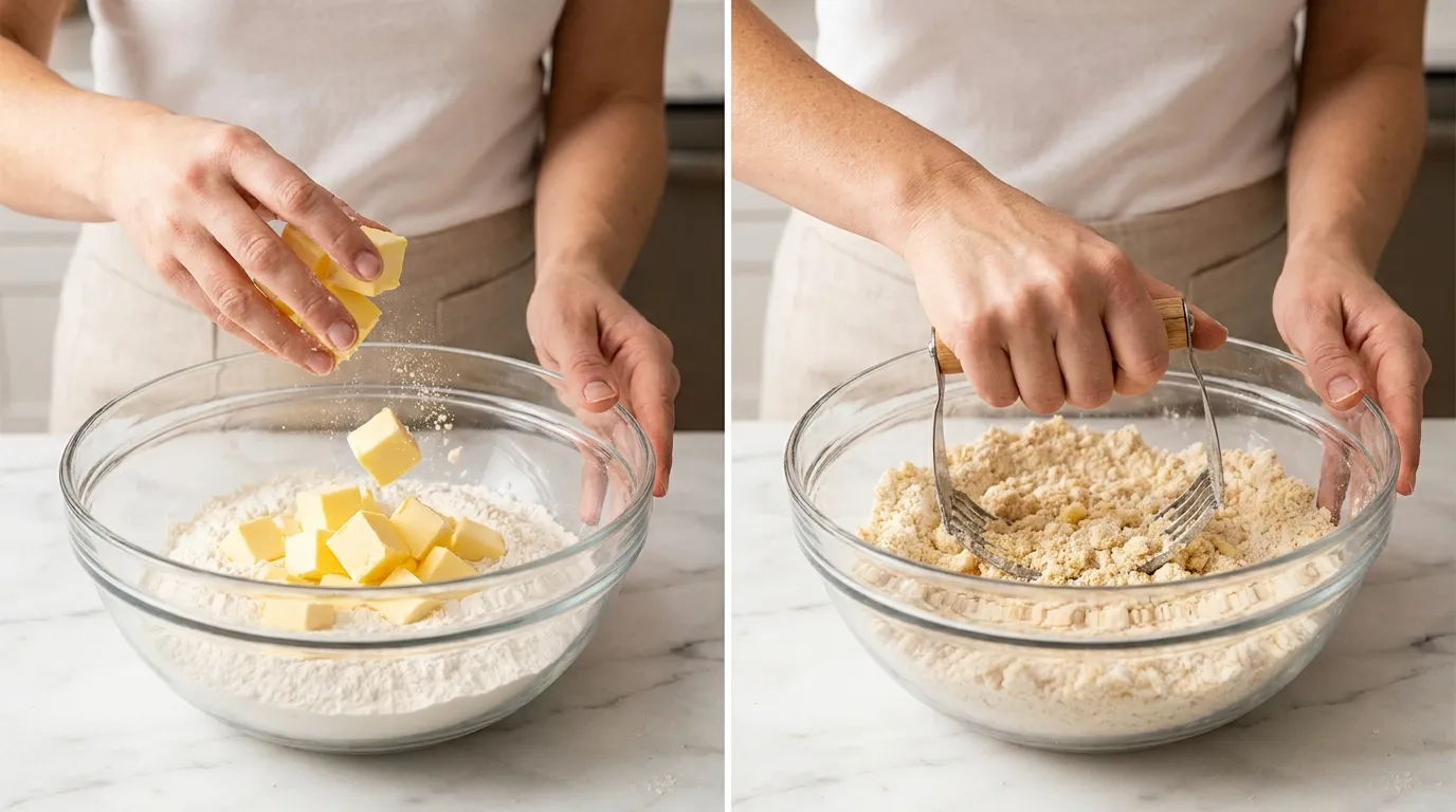 Making dough for a Southern Chicken Dumplings Recipe by dropping cold butter into flour and cutting it into coarse crumbs.