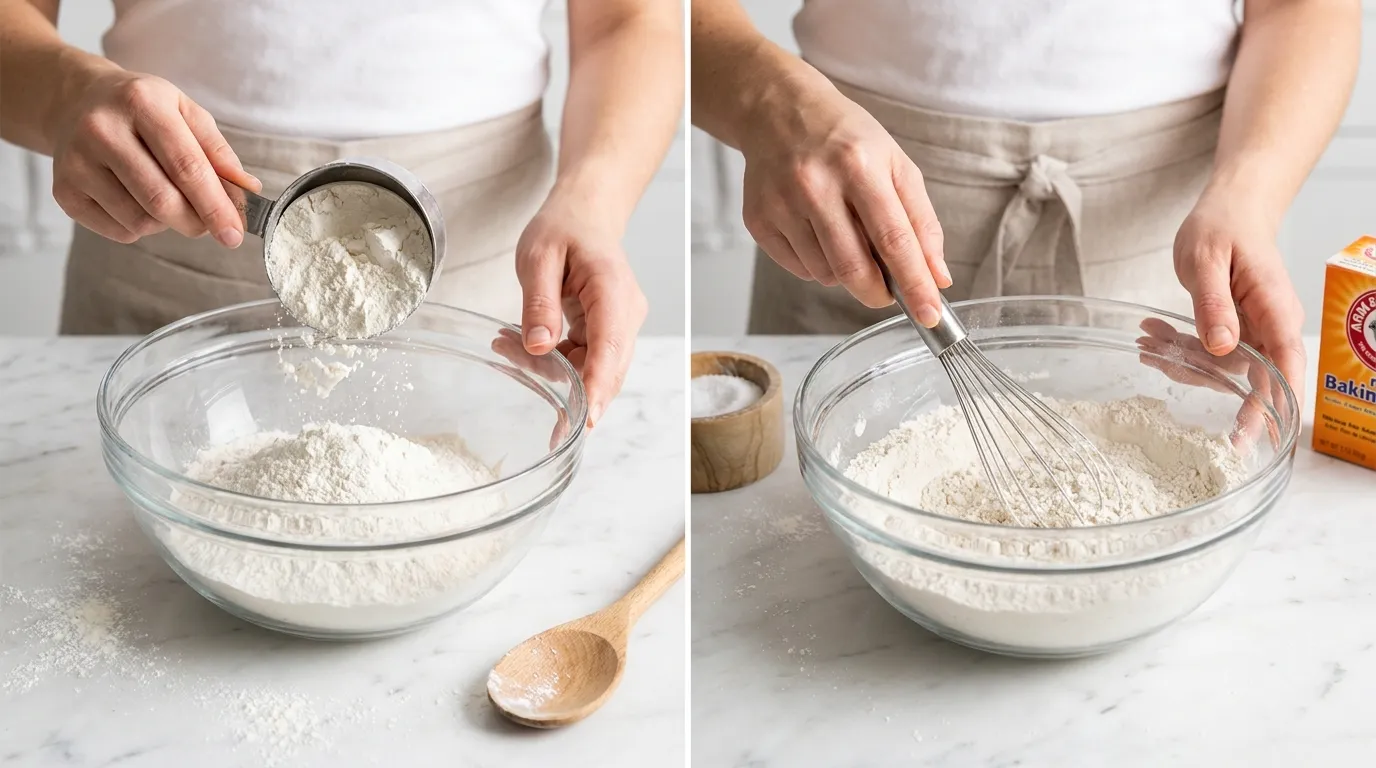 Making Southern Chicken Dumplings Recipe: pouring flour and whisking dry ingredients in a glass bowl.