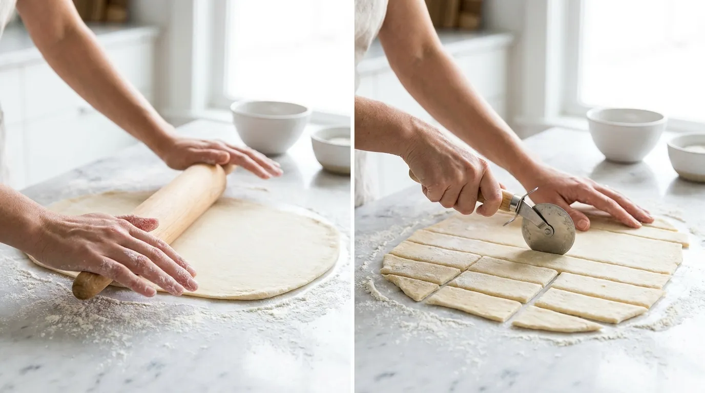 Preparing a Southern Chicken Dumplings Recipe: rolling dough on floured marble and cutting into rustic strips.