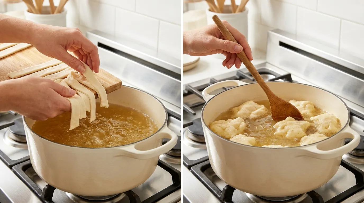 Southern Chicken Dumplings Recipe: Hands dropping dough into boiling broth and pressing puffed dumplings with a spoon.