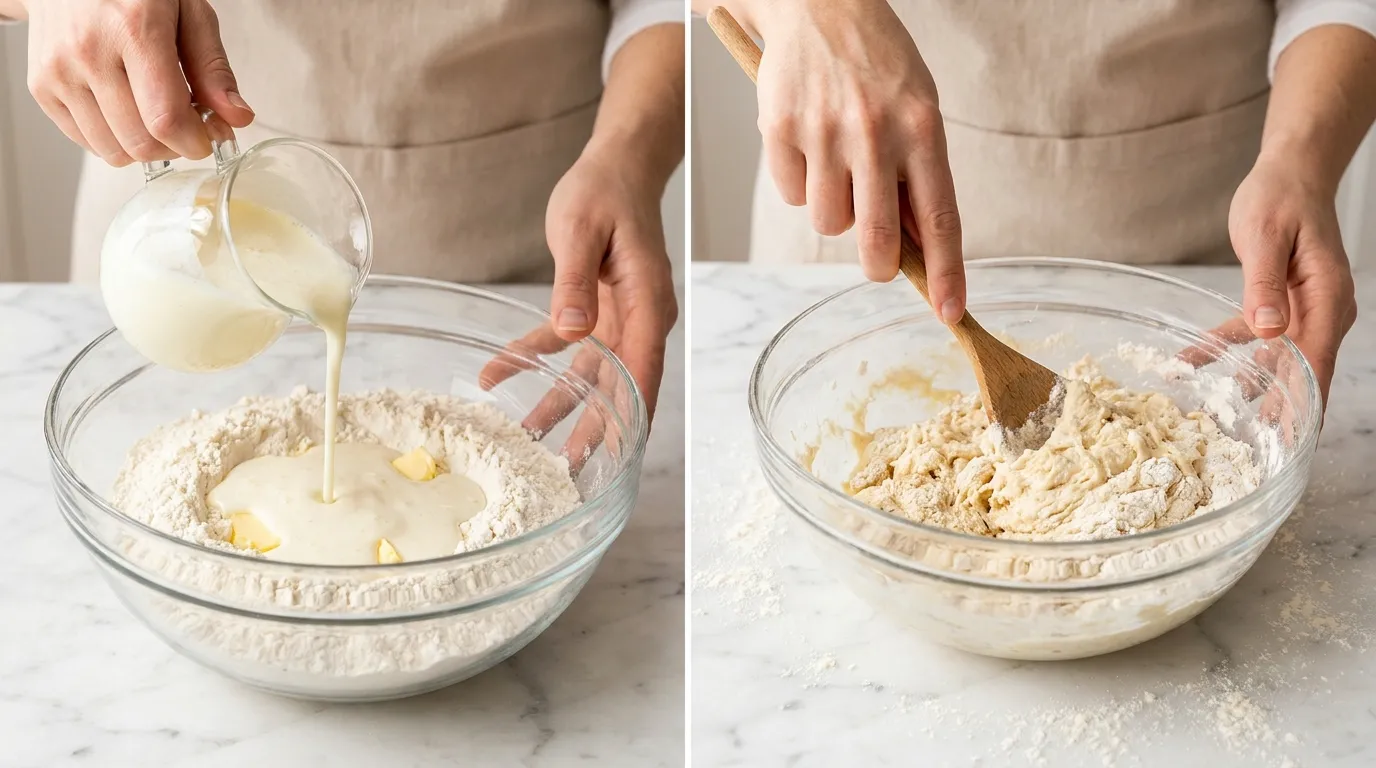 Preparing dough for Southern Chicken Dumplings Recipe: pouring buttermilk into flour and folding into a shaggy dough.