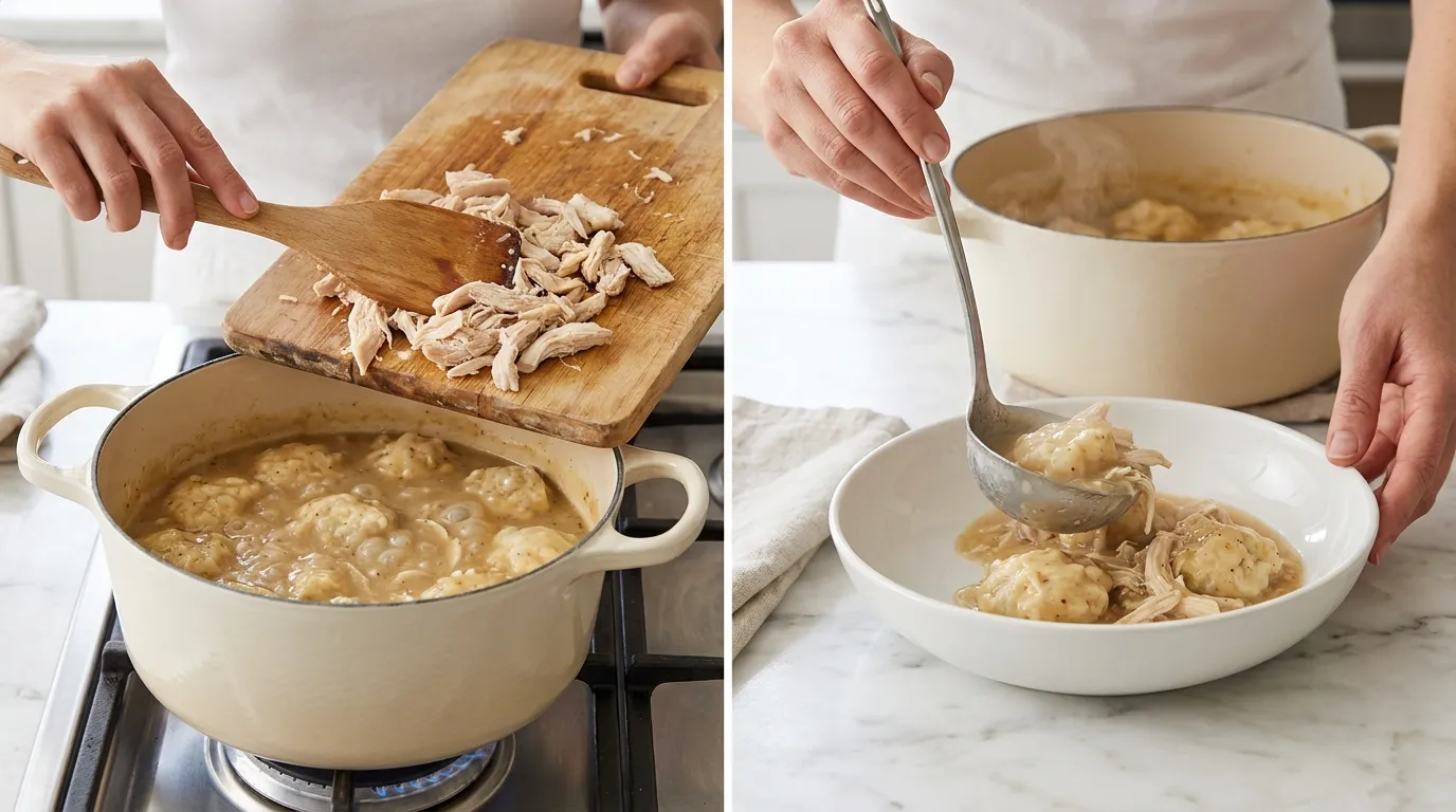 Side-by-side steps of a Southern Chicken Dumplings Recipe: cooking in a Dutch oven and serving in a bowl.