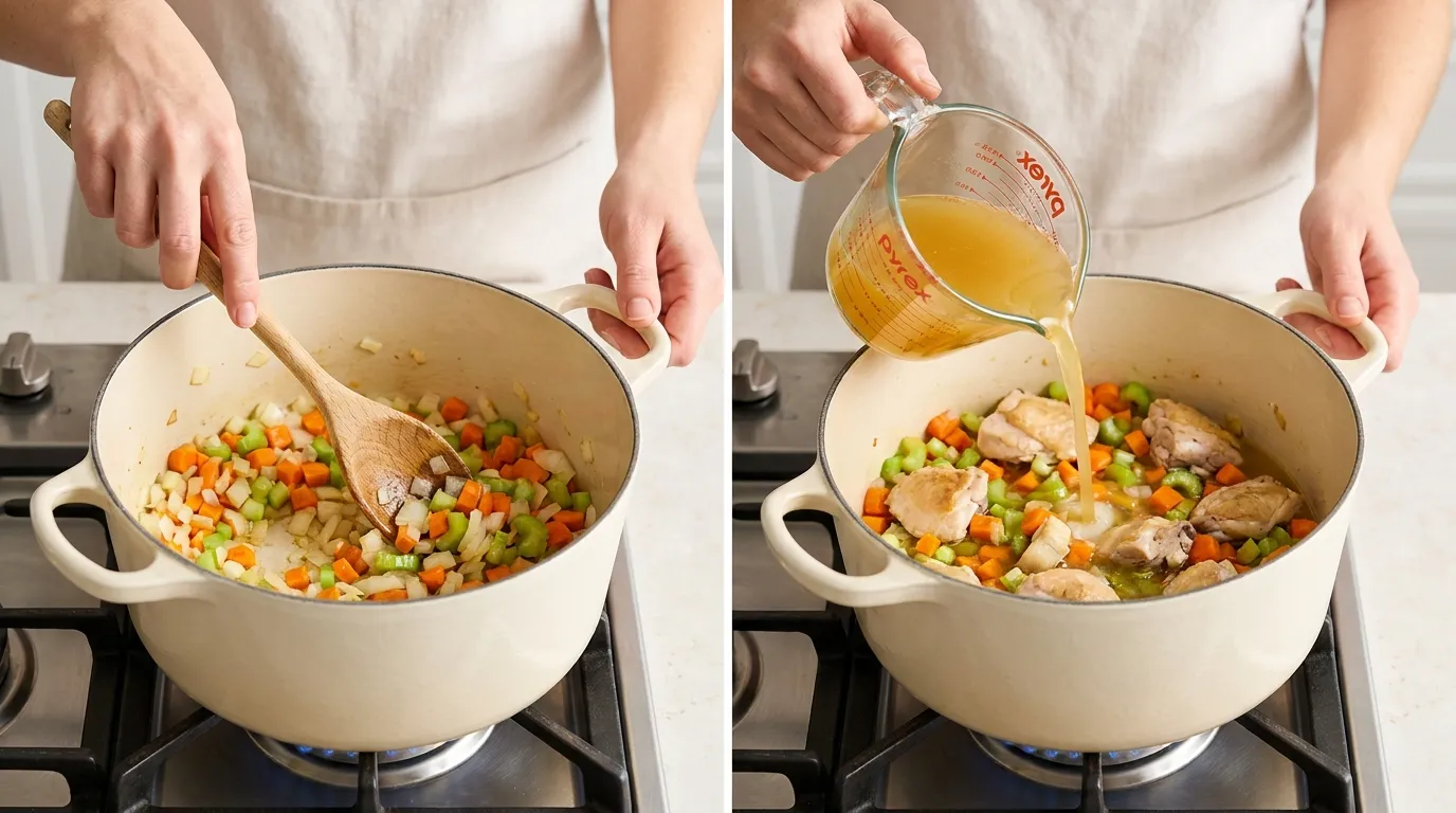 Making a Southern Chicken Dumplings Recipe: stirring vegetables and pouring broth into a Dutch oven.