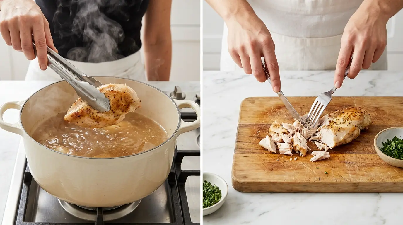 Southern Chicken Dumplings Recipe: lifting steaming chicken from a pot and shredding it on a wooden board.
