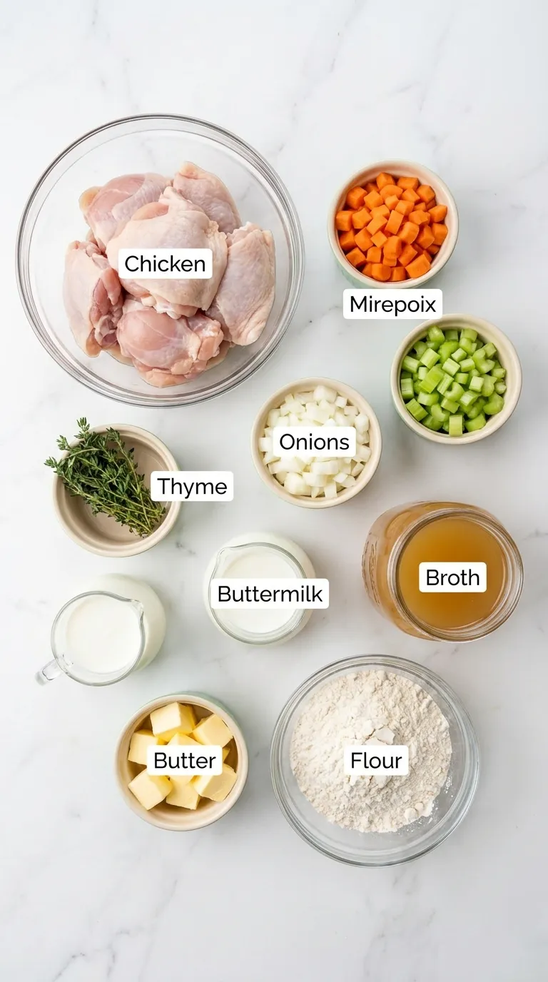 Flat lay of raw ingredients for a Southern Chicken Dumplings recipe on a white marble counter with labels.