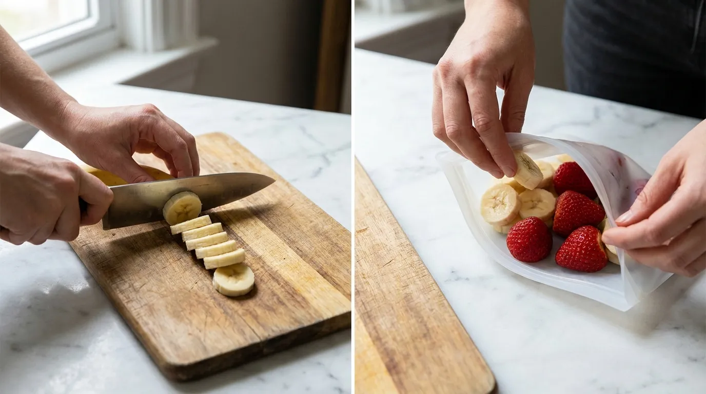 Hands slicing bananas and packing them with strawberries in a bag for a Strawberry Banana Smoothie Recipe.