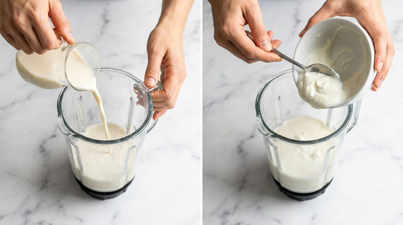 Preparing a Strawberry Banana Smoothie Recipe: hands pouring milk and adding Greek yogurt to a blender on a marble counter.