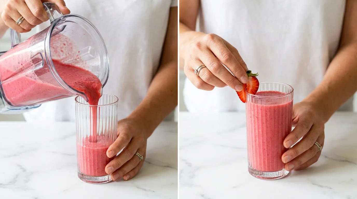 Step-by-step Strawberry Banana Smoothie Recipe: pouring pink smoothie into a glass and adding a strawberry garnish.