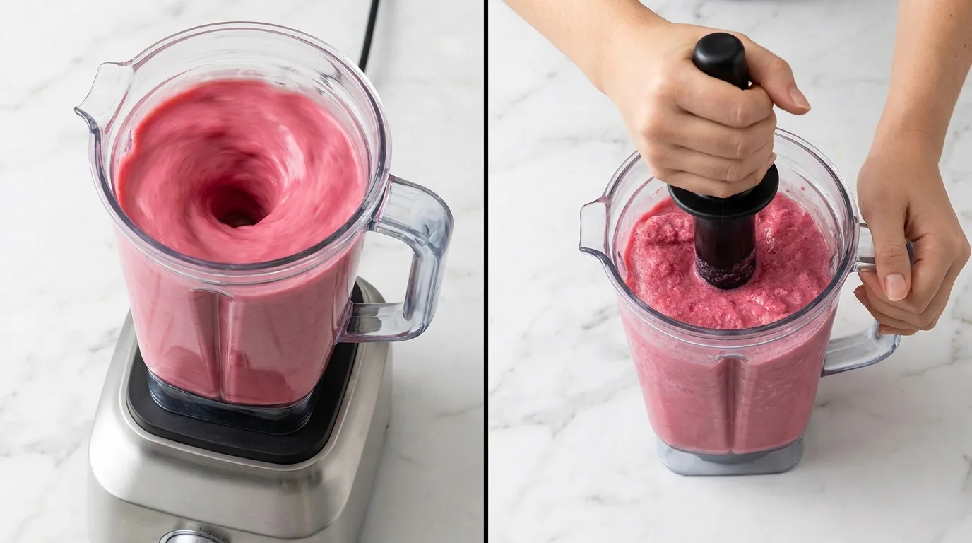 Blending a thick Strawberry Banana Smoothie Recipe: swirling pink mixture and tamping it in a blender.