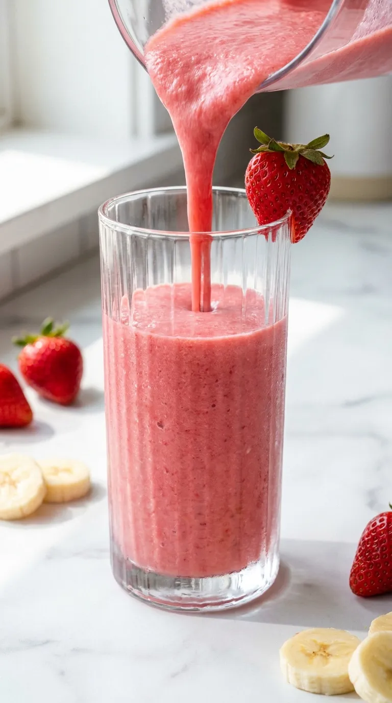 Frosty pink strawberry banana smoothie recipe in a tall glass garnished with a strawberry on a white marble counter.