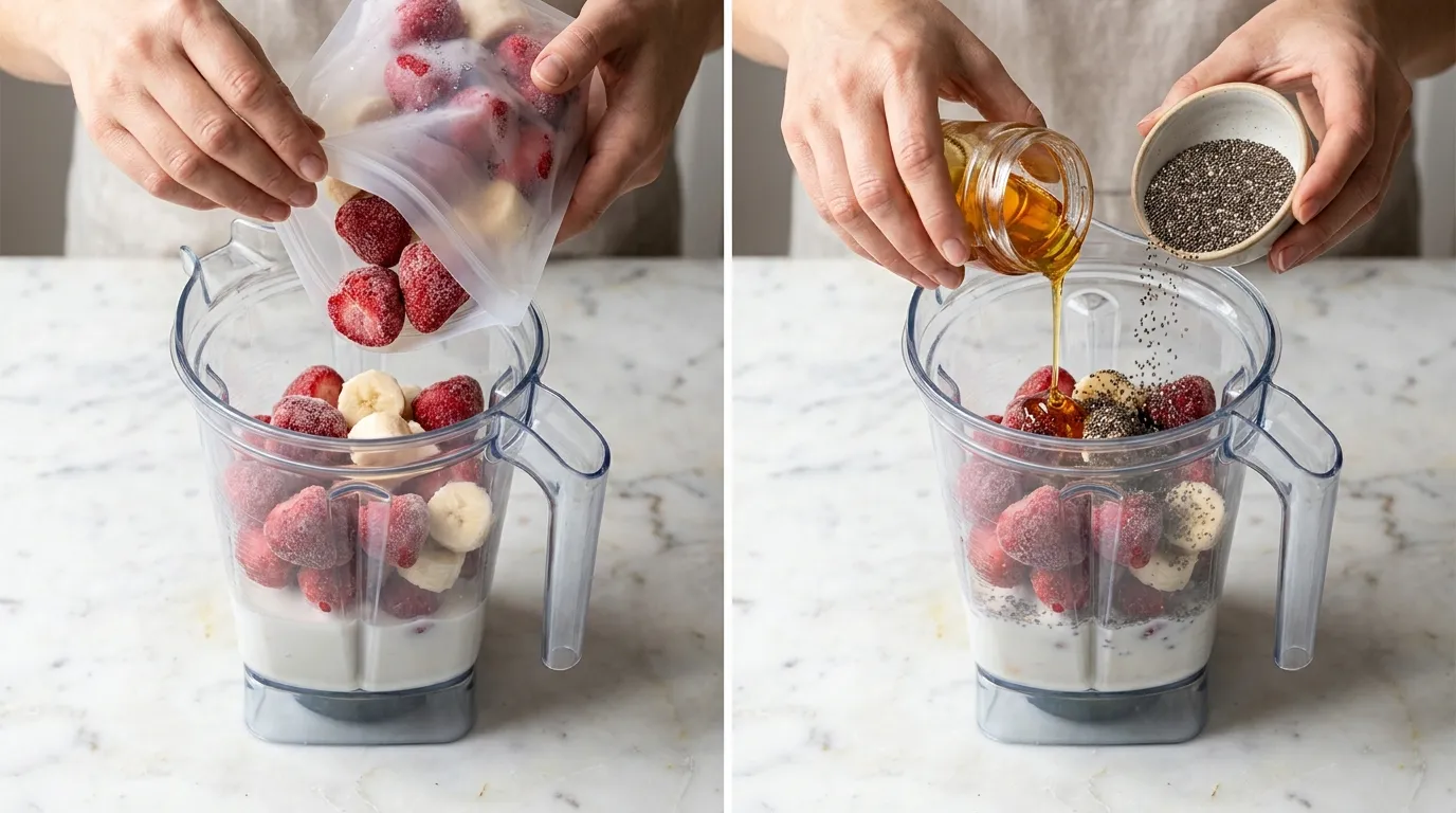 Strawberry Banana Smoothie Recipe: Hands adding frozen strawberries, bananas, honey, and chia seeds to a blender.