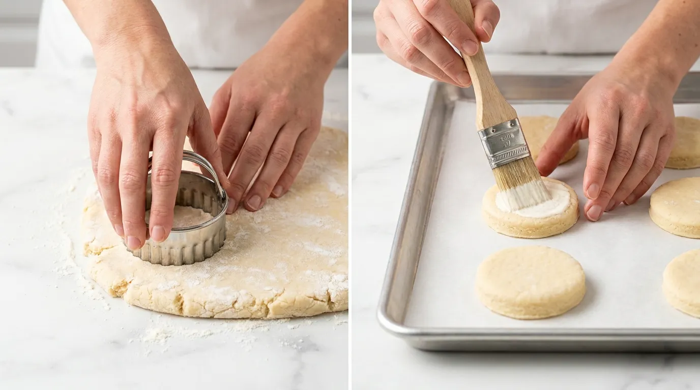 Strawberry Shortcake Recipe steps: cutting thick dough rounds and brushing unbaked shortcakes with heavy cream.
