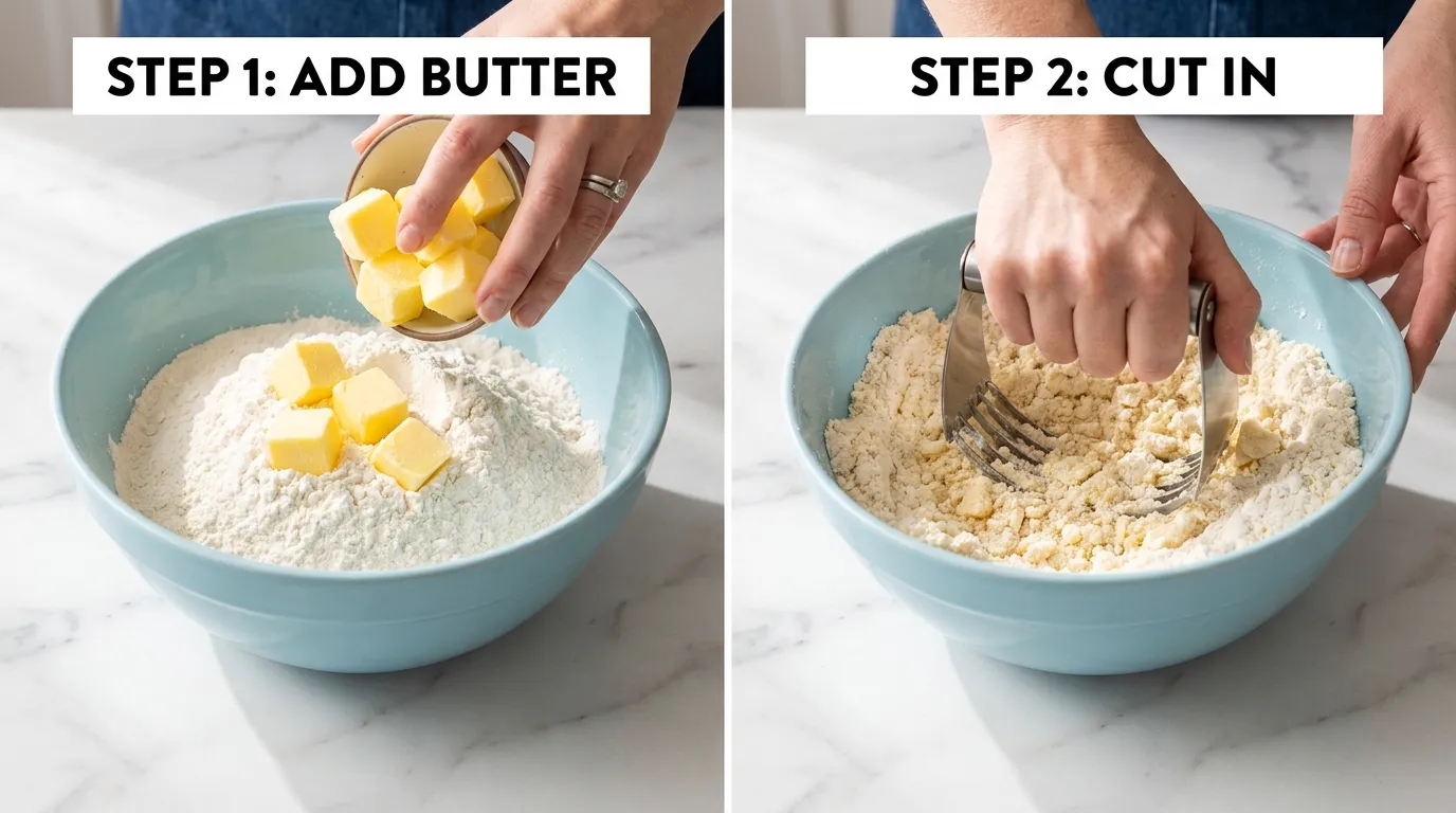 Strawberry Shortcake Recipe steps: Hands dropping cold butter into flour and mixing it with a pastry blender.