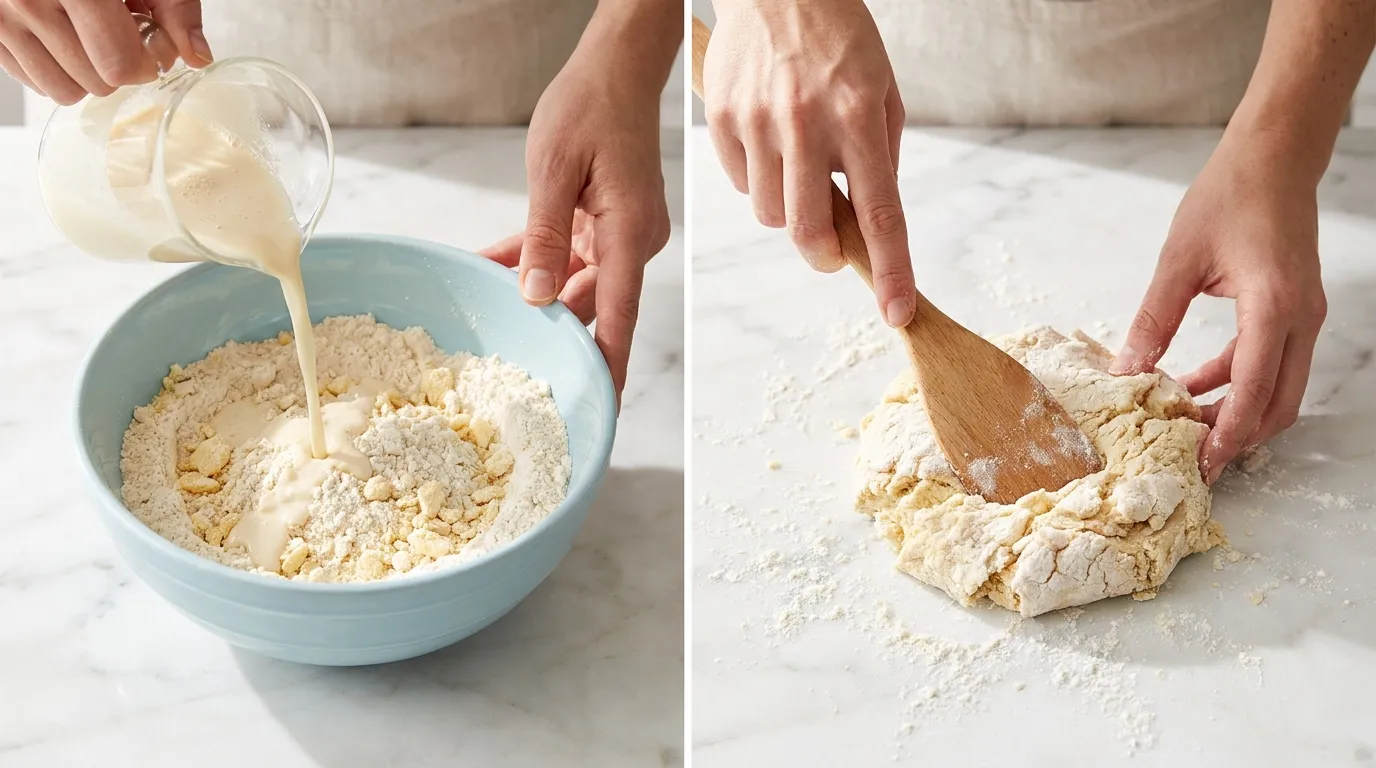 Strawberry Shortcake Recipe: Hands pouring cream into flour, then folding the shaggy dough on a marble counter.
