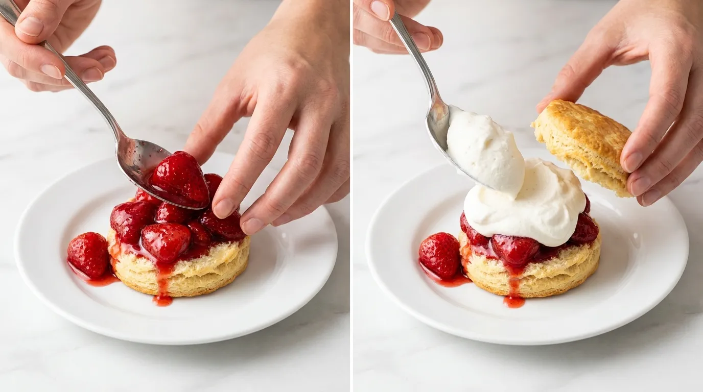 Step-by-step Strawberry Shortcake Recipe showing hands assembling golden biscuits with fresh strawberries and whipped cream.
