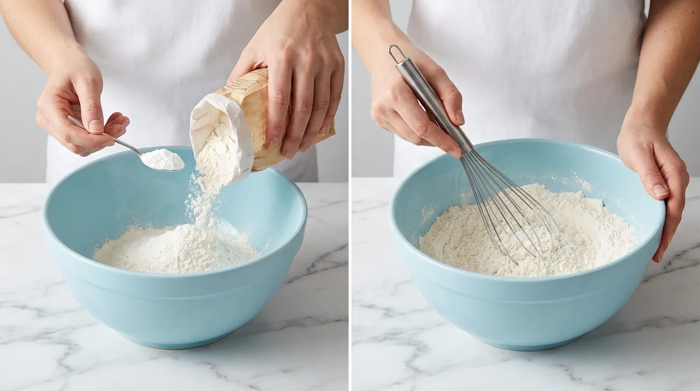 Strawberry Shortcake Recipe prep: female hands pouring and whisking dry ingredients in a light blue mixing bowl.