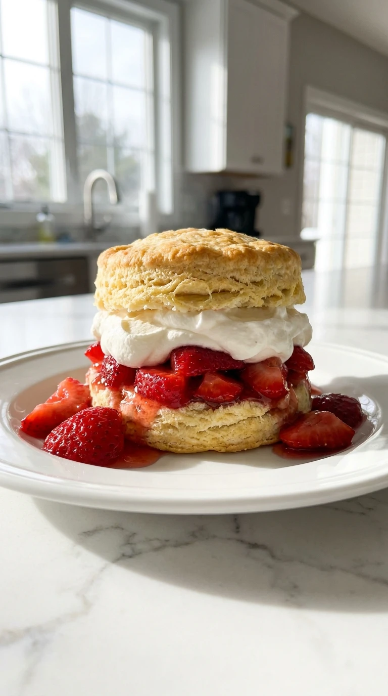Flaky homemade strawberry shortcake recipe with fresh sliced strawberries in syrup and whipped cream on a marble counter.