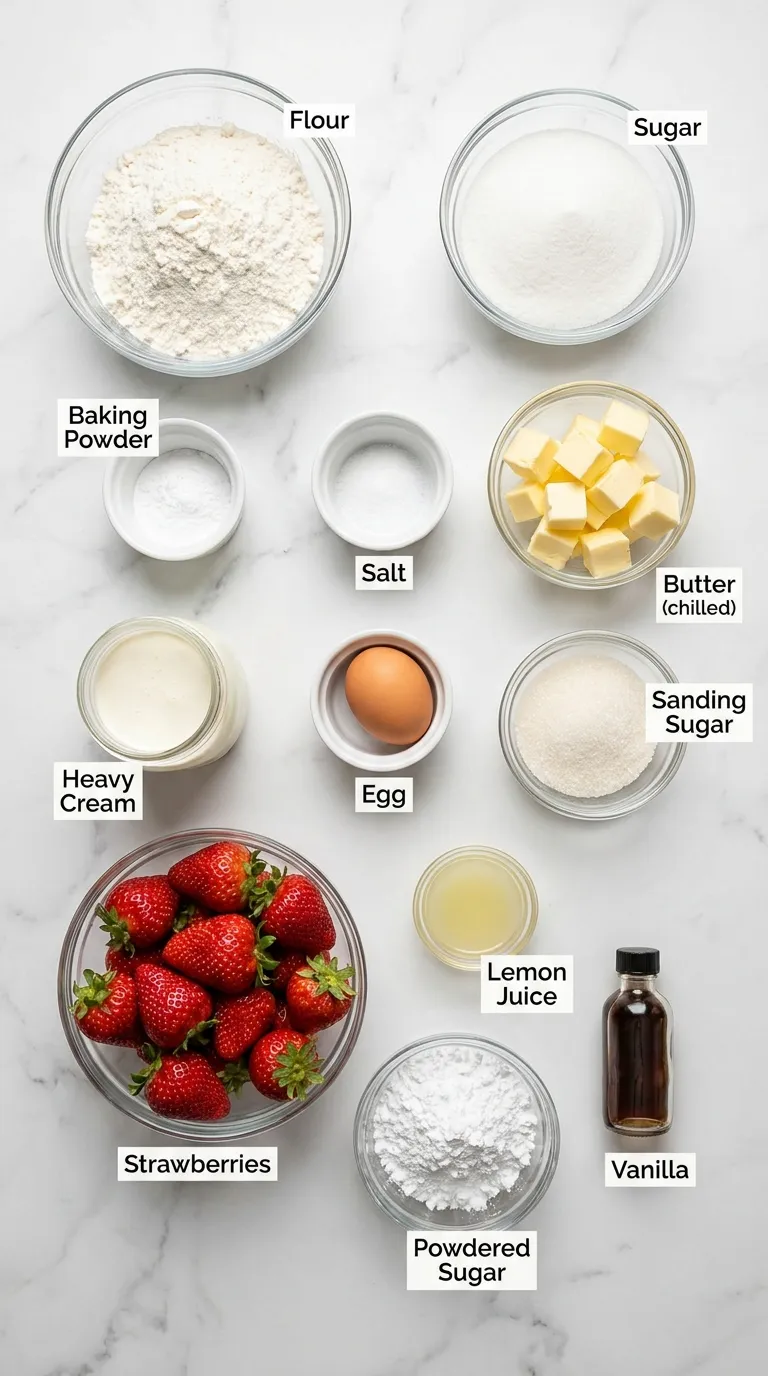 Labeled strawberry shortcake recipe ingredients including fresh strawberries, flour, and butter knolled on white marble.