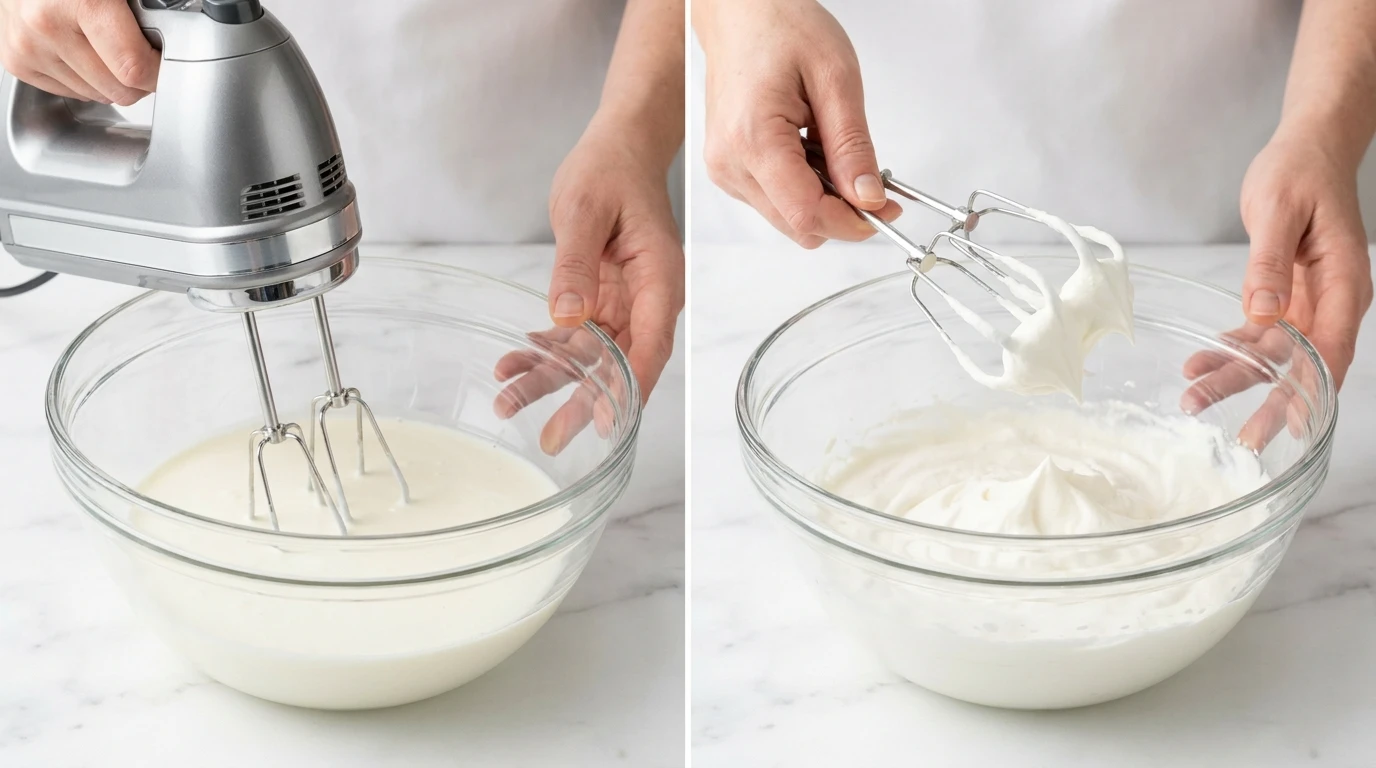 Step-by-step whipped cream for a Strawberry Shortcake Recipe: mixing heavy cream to thick, fluffy soft peaks.