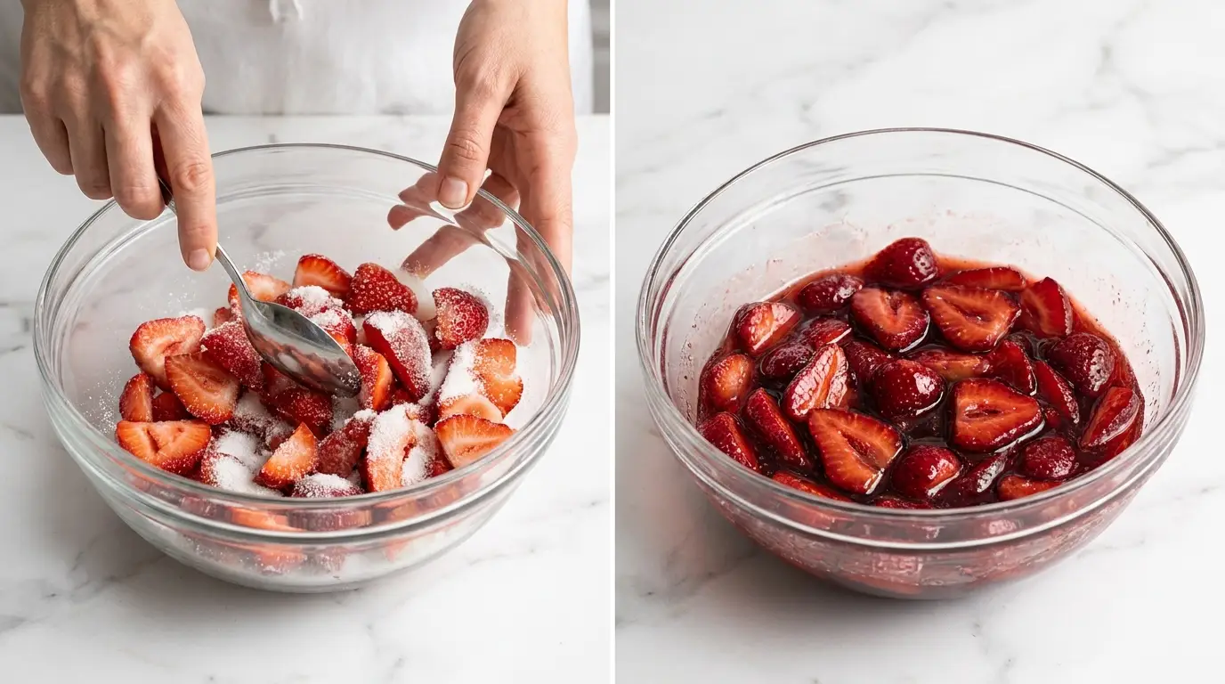 Two-step Strawberry Shortcake Recipe prep: tossing fresh sliced strawberries with sugar to create a thick, sweet red syrup.