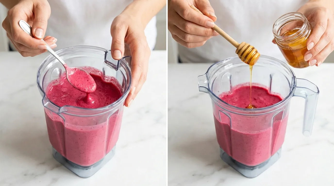 Strawberry Smoothie Recipe With Yogurt: Tasting pink smoothie and drizzling honey into a blender.