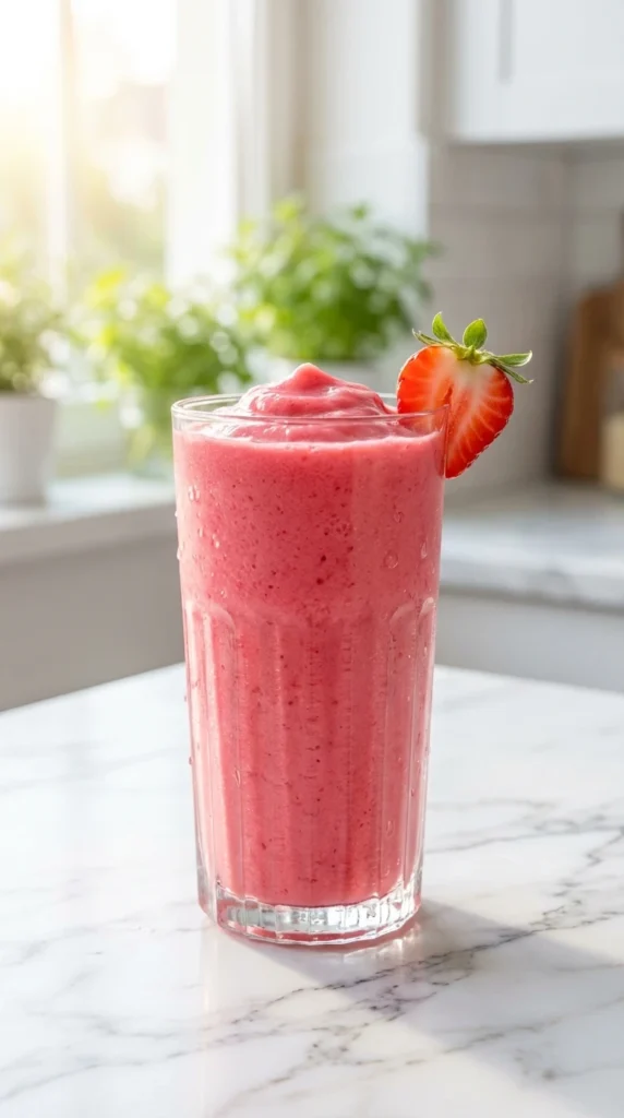 Bright pink Strawberry Smoothie Recipe With Yogurt in a ribbed glass on a white marble counter in a modern sunlit kitchen.