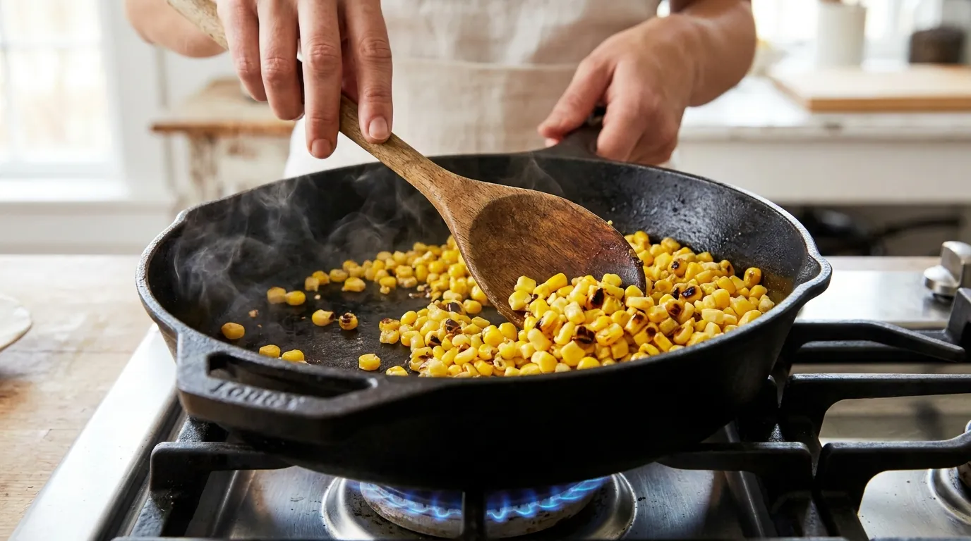 Charring fresh corn in a cast iron skillet with a wooden spoon for a Street Corn Pasta Salad Recipe.