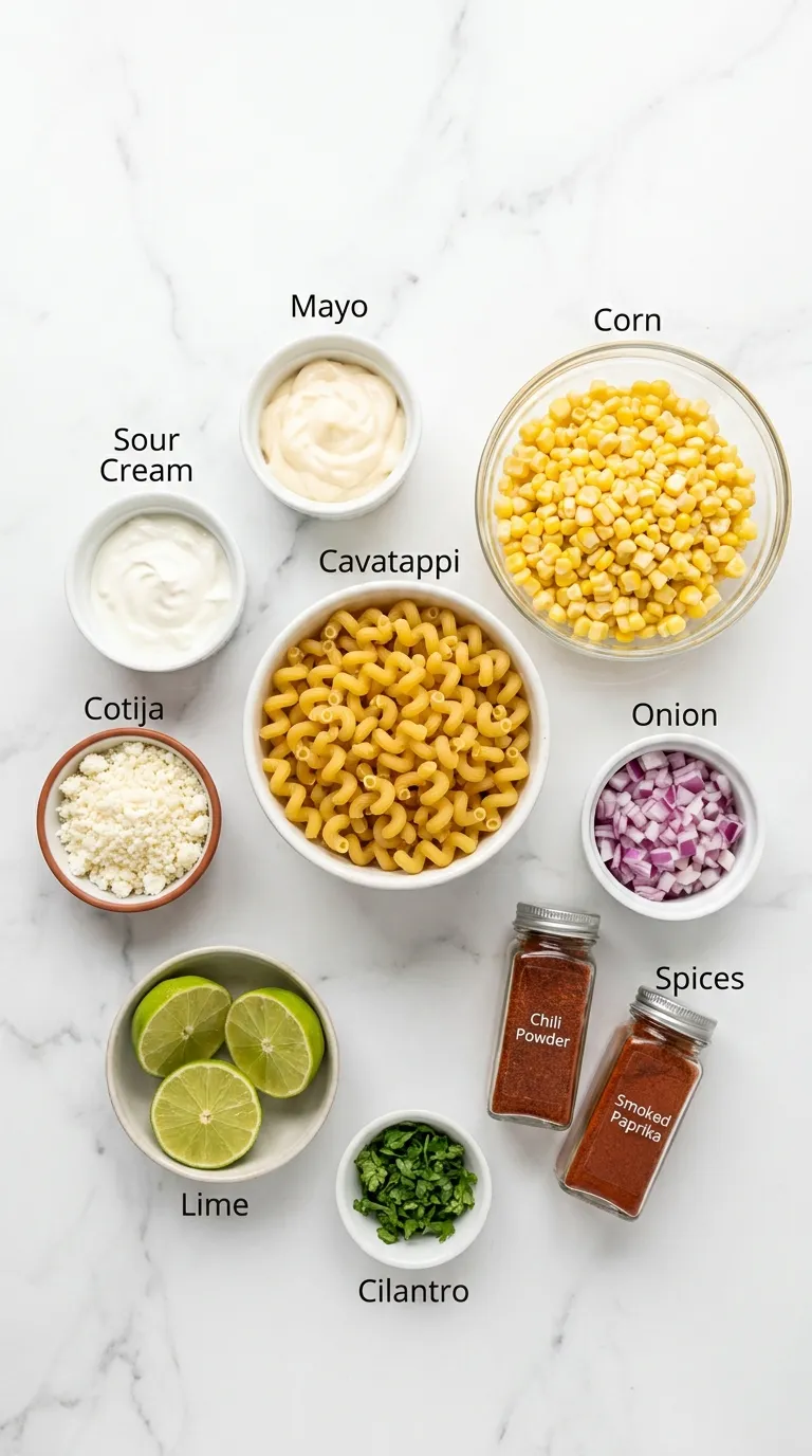 Labeled ingredients for a Street Corn Pasta Salad Recipe perfectly arranged in bowls on a white marble countertop.