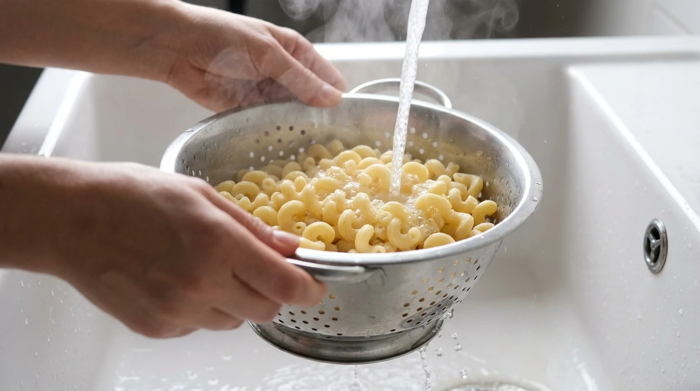 Hands rinsing freshly boiled cavatappi pasta in a colander, prepping a delicious Street Corn Pasta Salad Recipe.
