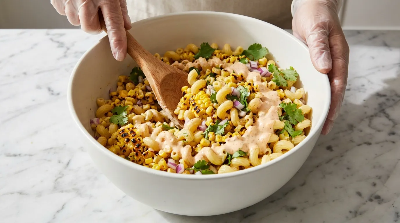 Close-up of hands tossing a creamy Street Corn Pasta Salad Recipe with charred corn and cilantro in a white bowl.