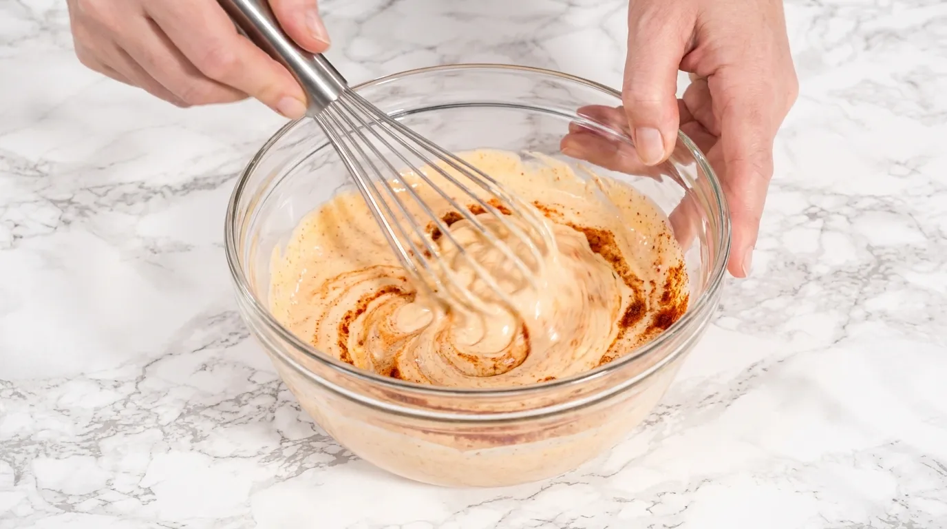 Hands whisking creamy elote dressing in a glass bowl for a Street Corn Pasta Salad Recipe.