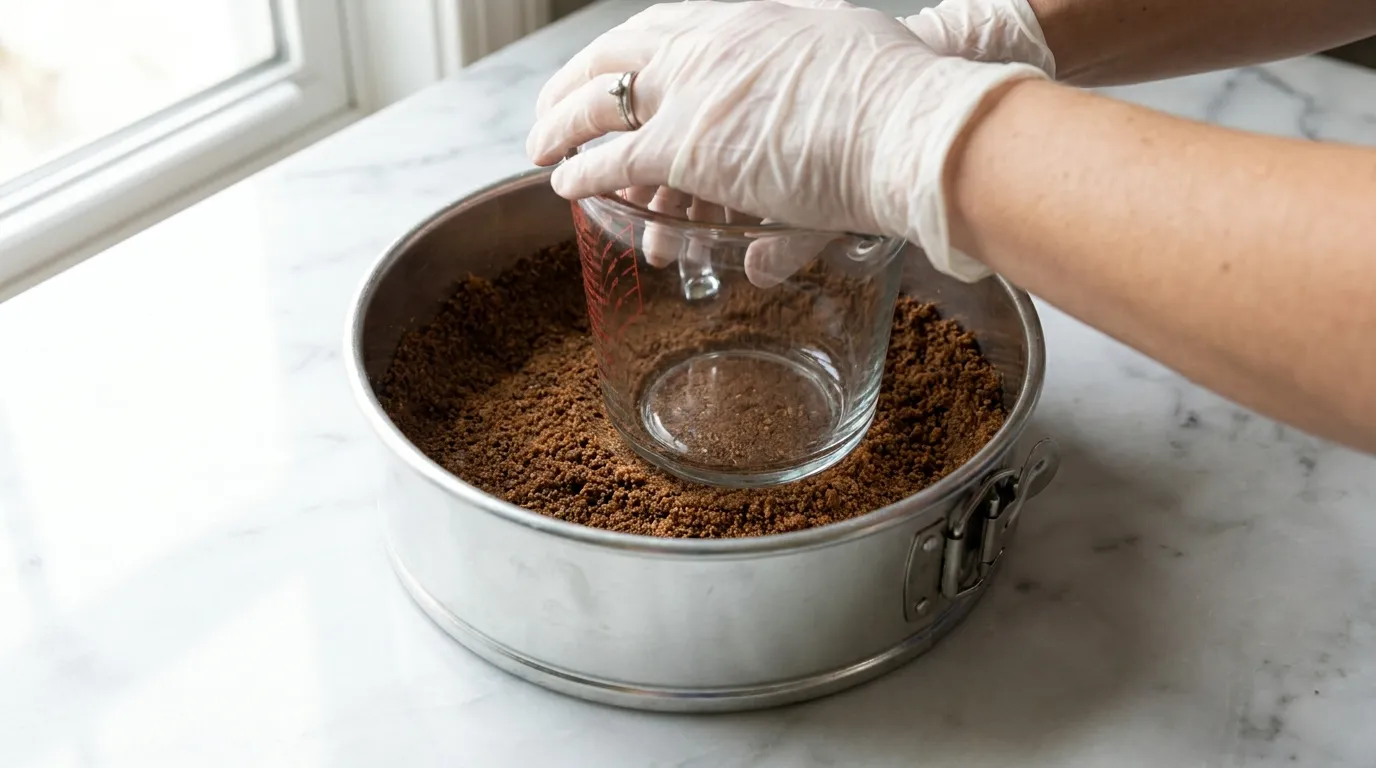 Hands pressing graham cracker crust into a springform pan for a Tiramisu Cheesecake Recipe.