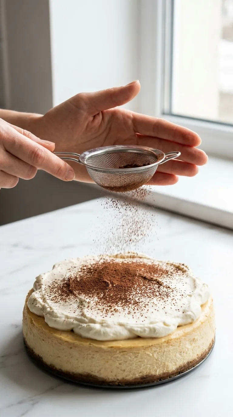 Hands dusting cocoa powder over mascarpone frosting for a perfect Tiramisu Cheesecake Recipe on a marble countertop.