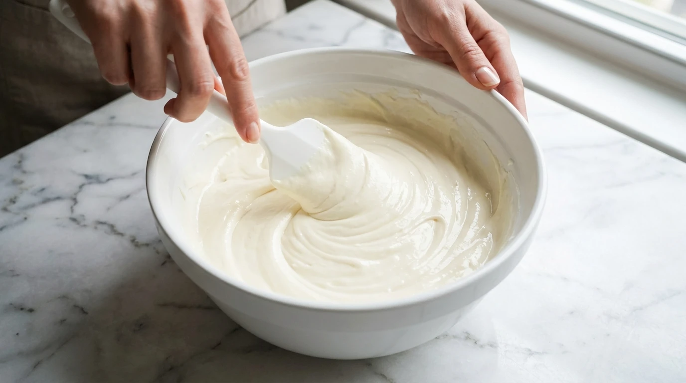 Hands mixing creamy batter with a spatula in a white bowl for a decadent Tiramisu Cheesecake Recipe.