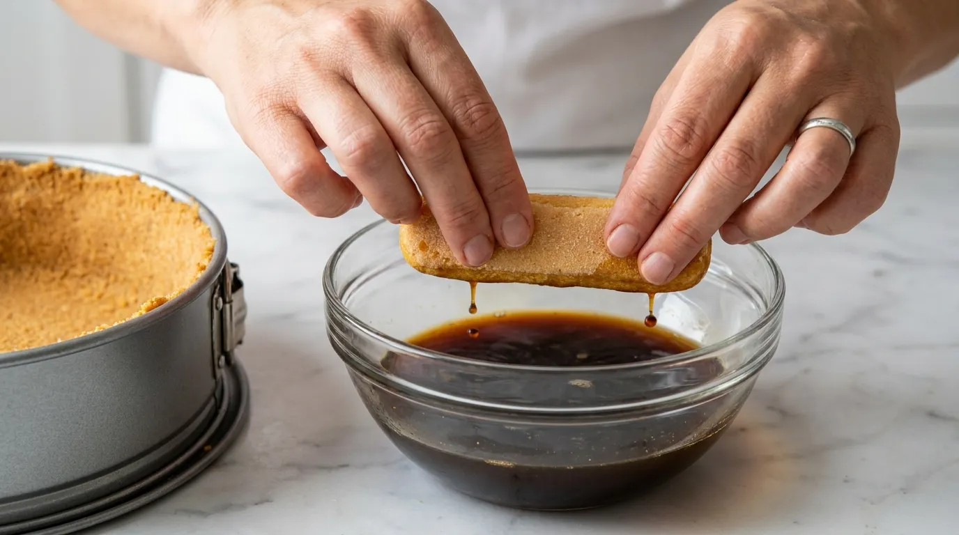 Hands dipping a ladyfinger cookie into espresso for a Tiramisu Cheesecake Recipe on a white marble counter.
