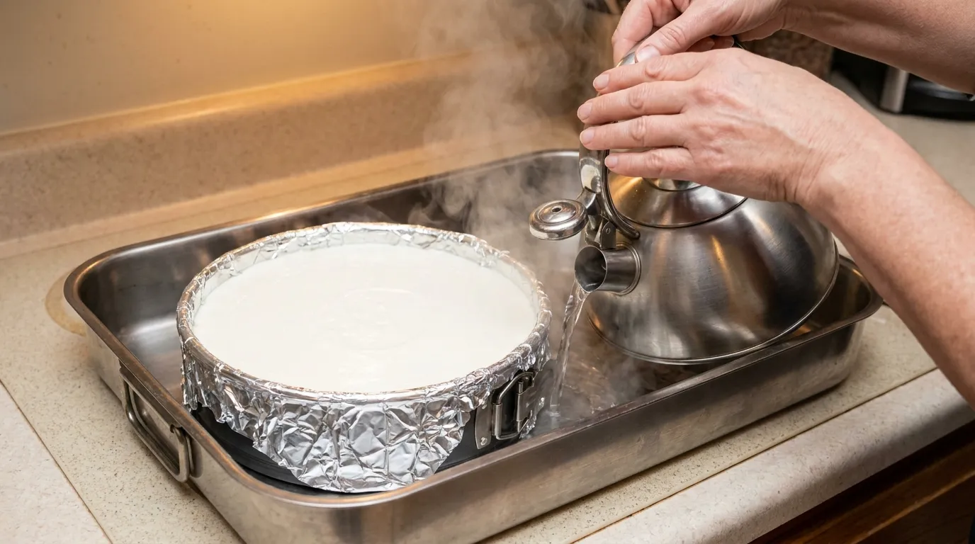 Hands pouring steaming water into a roasting pan for a water bath to bake a Tiramisu Cheesecake Recipe.