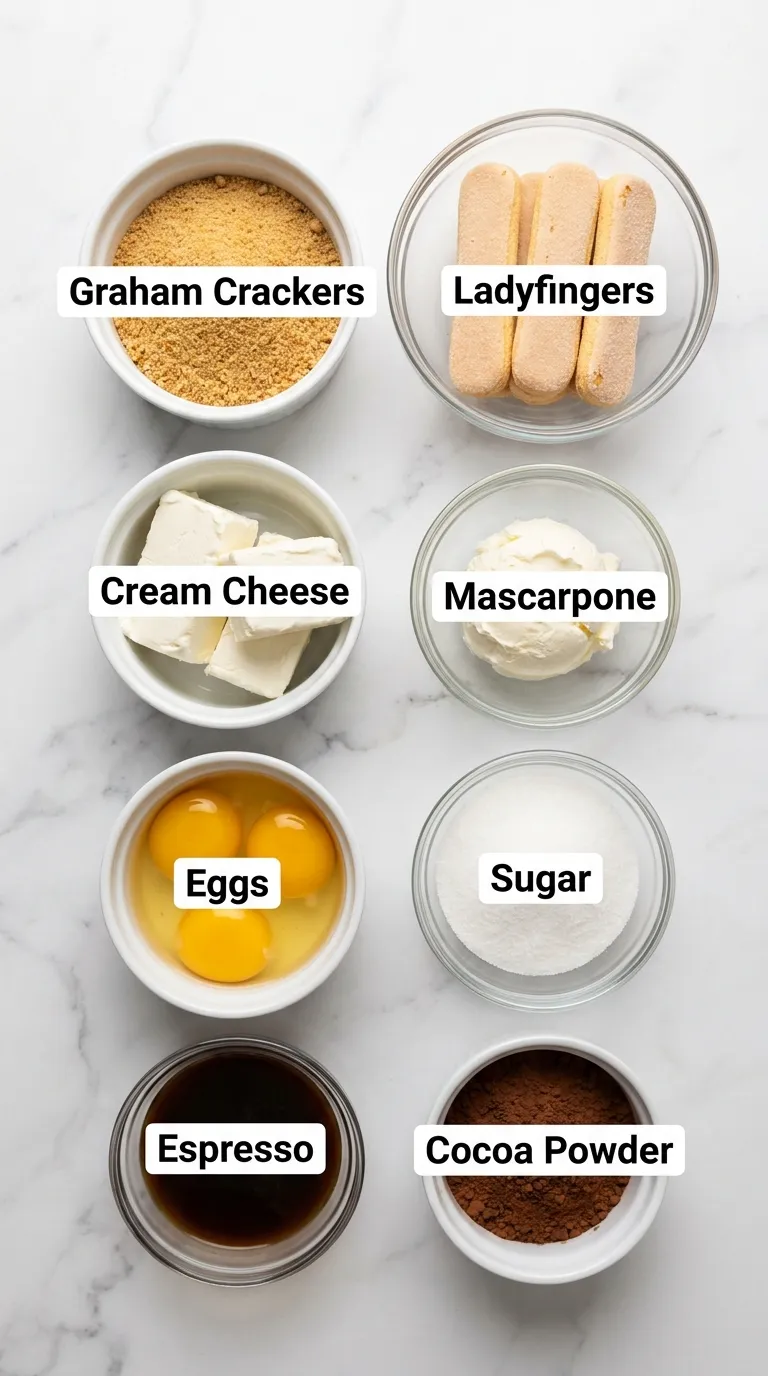 Flat-lay of Tiramisu Cheesecake Recipe ingredients like mascarpone, cream cheese, espresso, and ladyfingers on white marble.
