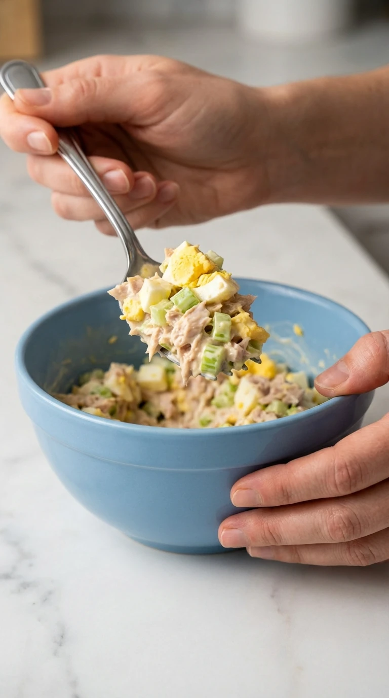 Hands holding a forkful of creamy tuna salad with egg recipe over a light blue bowl on a marble counter.