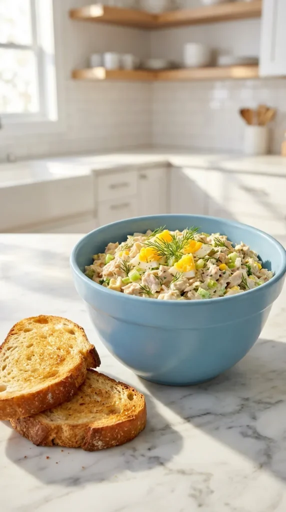 Chunky Tuna Salad With Egg Recipe in a blue bowl with celery and dill, next to toasted sourdough bread.