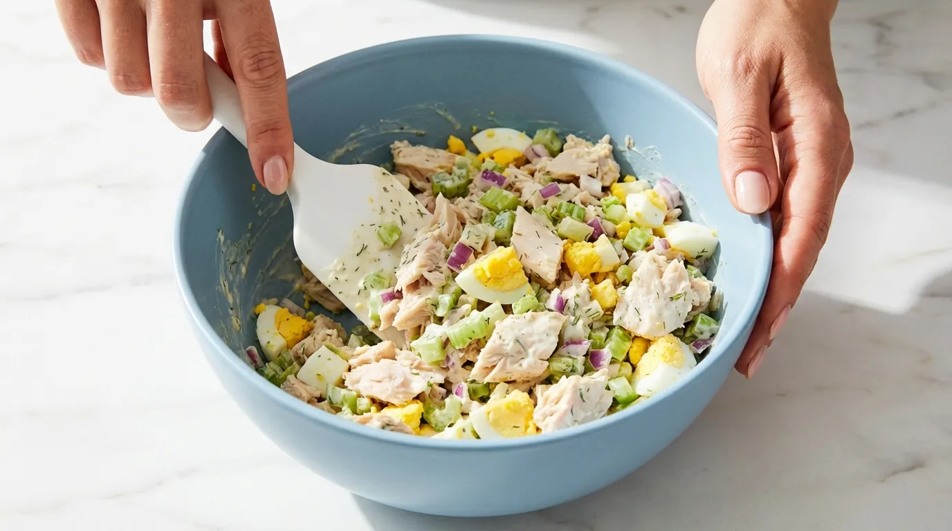 Mixing a tuna salad with egg recipe: hands folding tuna, egg yolks, celery, and red onion in a light blue bowl.