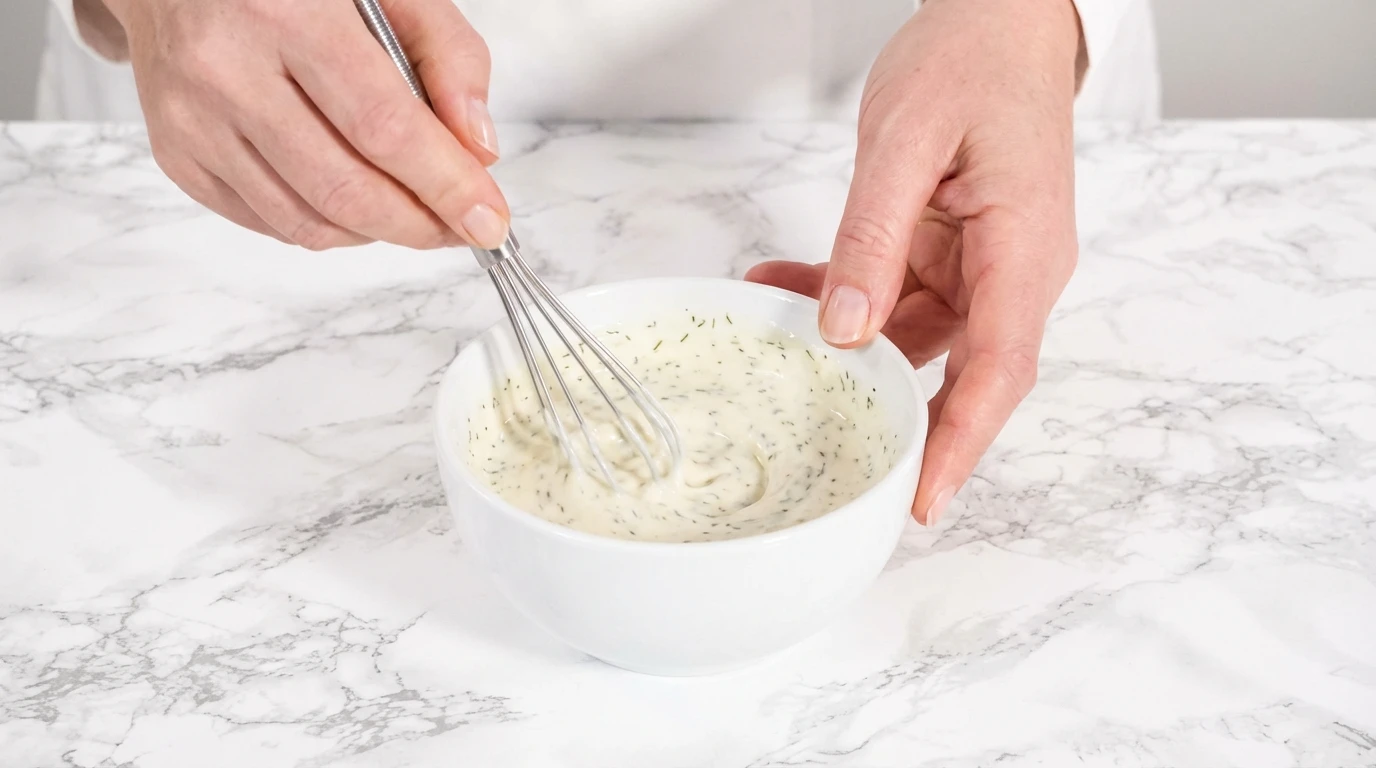 Hands whisking creamy dill dressing in a white bowl for a healthy Tuna Salad With Egg Recipe.
