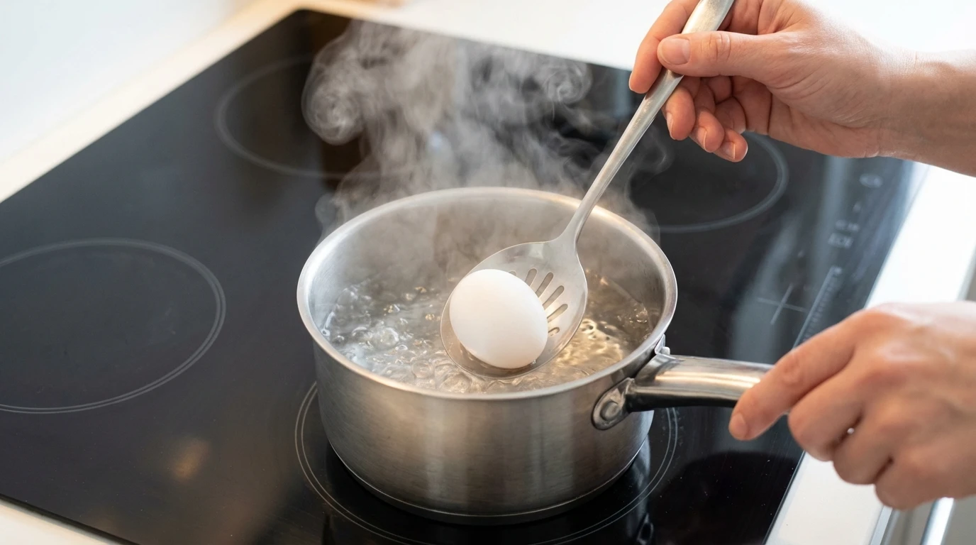 Hands lowering an egg into boiling water in a saucepan for a Tuna Salad With Egg Recipe.