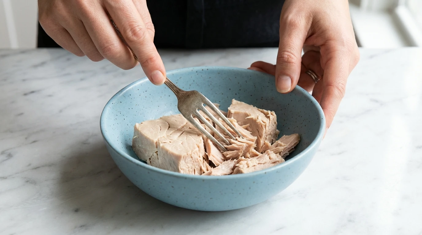 Flaking white albacore tuna in a blue ceramic bowl with a silver fork to prepare a Tuna Salad With Egg Recipe.