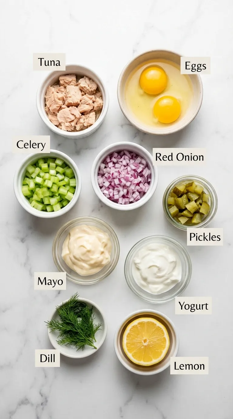 Flat-lay of Tuna Salad With Egg Recipe ingredients in bowls on white marble: tuna, eggs, celery, onion, mayo, and dill.