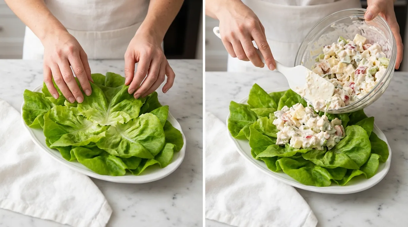 Making a classic Waldorf Salad Recipe: hands arranging fresh lettuce and serving the creamy mixture on a white platter.
