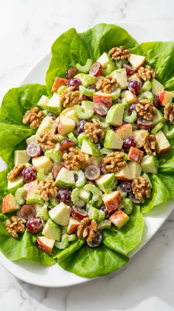 Classic Waldorf Salad Recipe featuring crisp apples, grapes, celery, and walnuts in creamy dressing on a white platter.