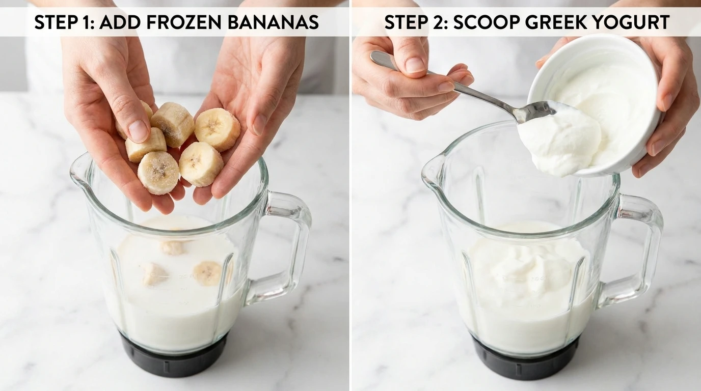 Banana Smoothie recipe steps: hands dropping frozen bananas and scooping Greek yogurt into a blender.