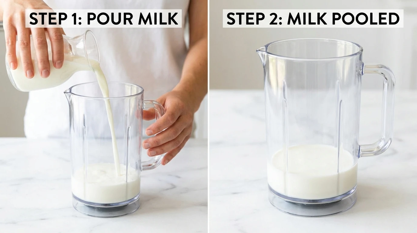 Step-by-step Banana Smoothie recipe: pouring cold milk into a clear blender pitcher on a white marble countertop.