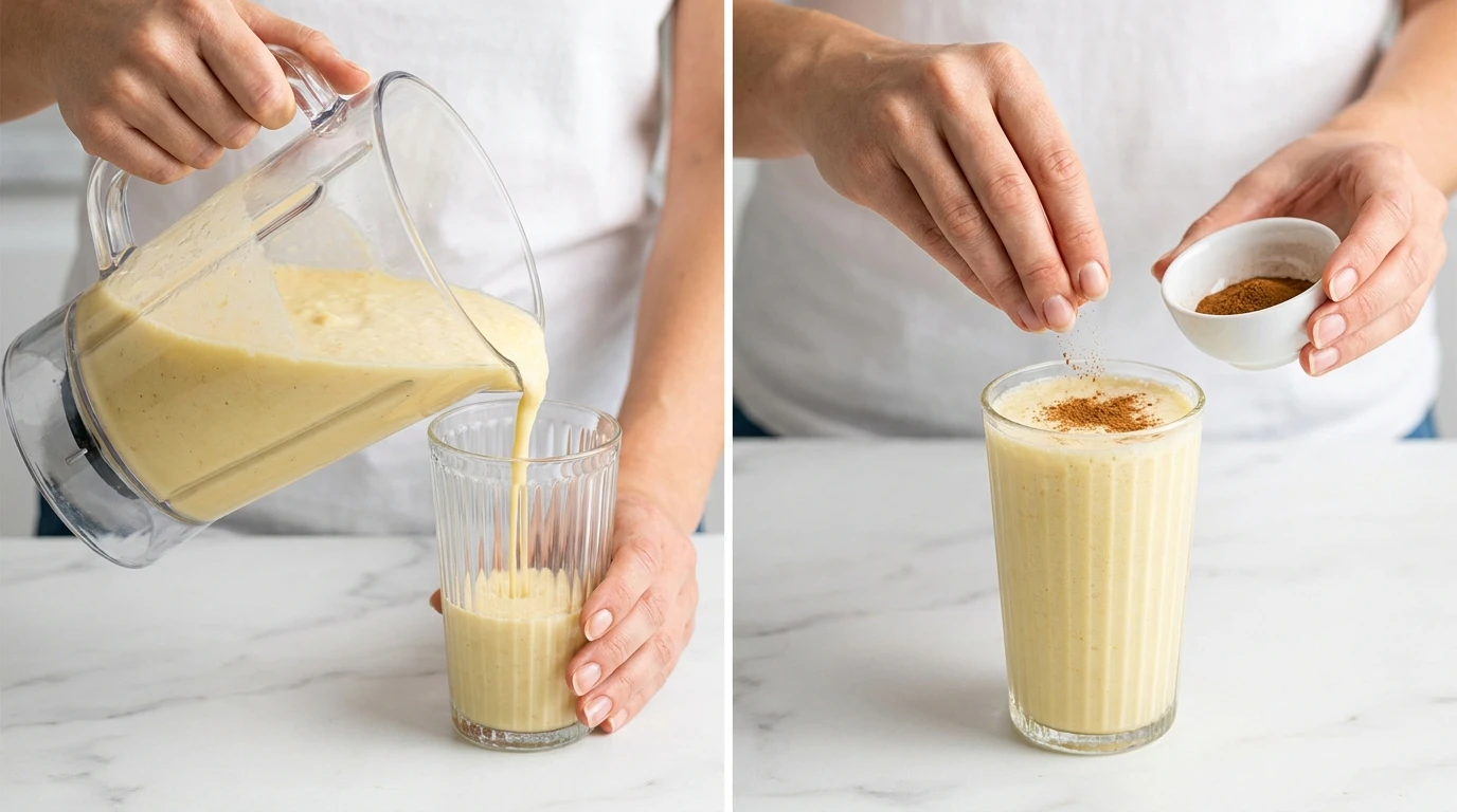 Banana Smoothie recipe: Pouring creamy smoothie into a tall glass and sprinkling cinnamon on a white marble countertop.